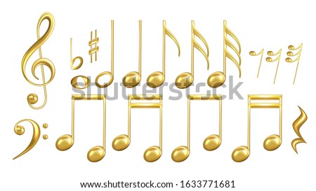 Musical Notes Symbols In Golden Color Set Vector. Collection Of Classic Music Minim And Crotchet, Quaver And Semiquaver, Notes And Treble Clef, Sharp And Minim. Layout 3d Illustrations