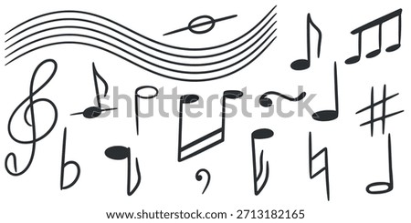 Musical notes and symbols hand drawn set. Ink icons of elements for writing musical compositions. Musical notation clip art, vector graphics