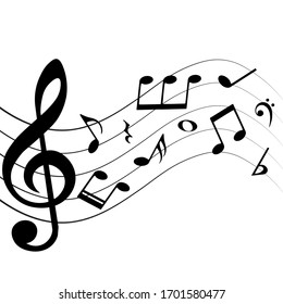 Musical notes and symbols on white background, vector illustration.