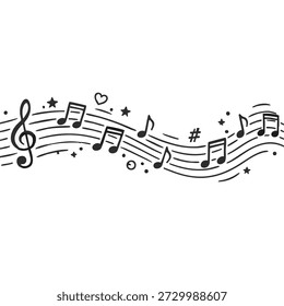 Musical notes and symbols in a wave