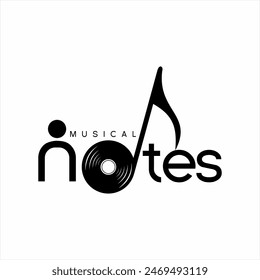 Musical Notes Text-Logo-Design mit menschlichen, Vinyl-Platte und Acht-Note-Symbole.