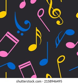 Musical notes, treble and bass clef in different colors on a black background. Seamless cute pattern for textiles, fabrics. Vector.