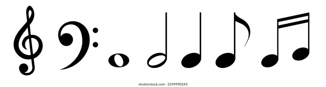 Musical notes. Treble and bass clef. Flat vector illustration isolated on white background.