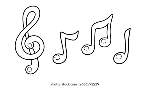 Notas musicales y clave de agudos. Colección de Elementos de contorno musical. Ilustración vectorial aislada.