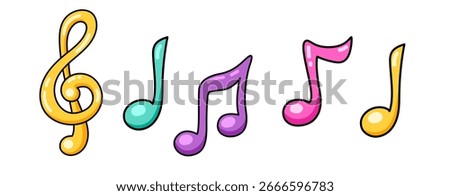 Musical notes and treble clef. Collection of musical cartoon elements. Isolated vector illustration.