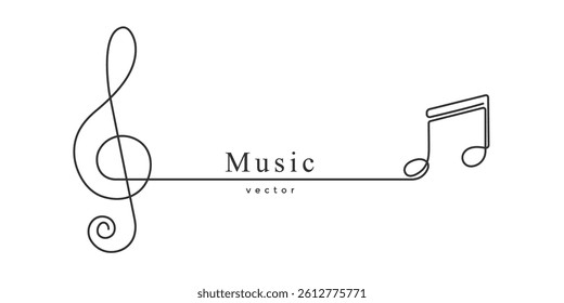 Musical notes . Treble clef .Musical concept. Continuous line drawing. Vector illustration.