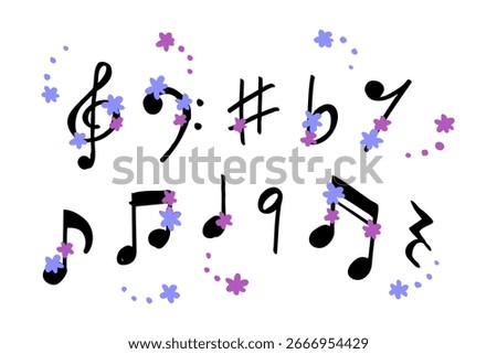 Musical notes and treble clef with decorative flowers, bright illustration set for sheet music, background design, and creative symbols