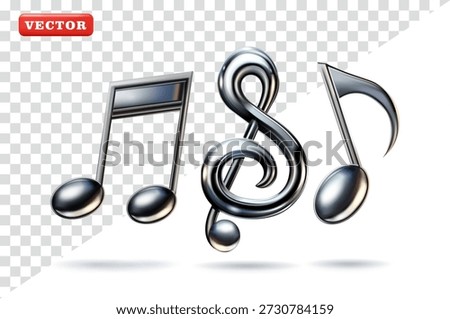 Musical notes, treble clef notes, and eighth notes in shiny silver metal shapes, 3D vector. Suitable for music and design elements