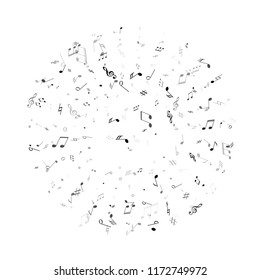 Musical notes, treble clef, flat and sharp symbols flying vector design. Notation melody record classic concept. Jazz music studio background. Black melody sound notes icons.