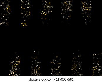 Musical notes, treble clef, flat and sharp symbols flying vector design. Notation melody record classic concept. Cartoon music studio background. Gold metallic melody sound notes icons.