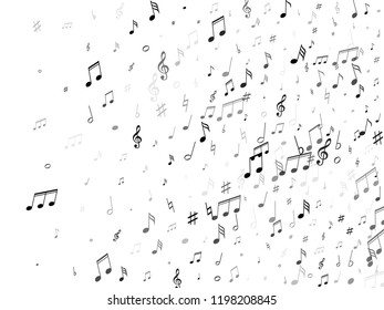 Musical notes, treble clef, flat and sharp symbols flying vector illustration. Notation melody record elements. Tune symphony background. Greyscale musical notation.