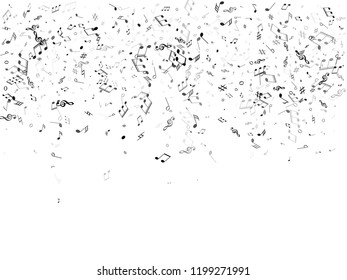 Musical notes, treble clef, flat and sharp symbols flying vector illustration. Notation melody record classic pictograms. Musician album background. Black on white melody sound notes icons.