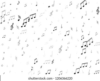 Musical notes, treble clef, flat and sharp symbols flying vector illustration. Notation melody record classic icons. Modern music studio background. Monochrome musical notation.