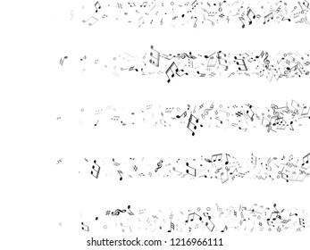 Musical notes, treble clef, flat and sharp symbols flying vector illustration. Notation melody record signs. Modern music studio background. Grayscale sound recording notes.