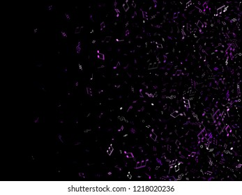 Musical notes, treble clef, flat and sharp symbols flying vector illustration. Notation melody record clip art. Musician album background. Violet sound recording notes.