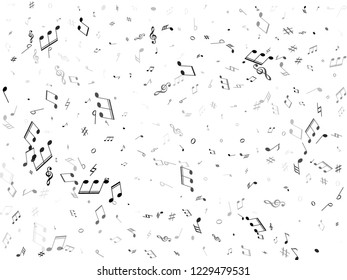 Musical notes, treble clef, flat and sharp symbols flying vector illustration. Notation melody record classic elements. Doodle music studio background. Greyscale melody sound notes.