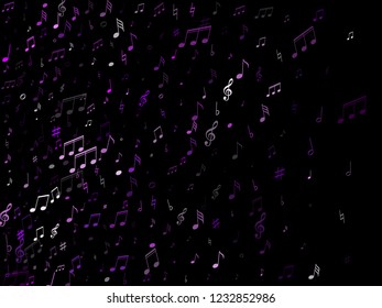 Musical notes, treble clef, flat and sharp symbols flying vector background. Notation melody record pictograms. Elecrtonic music studio background. Blue violet musical note.