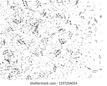 Musical notes, treble clef, flat and sharp symbols flying vector background. Notation melody record classic clip art. Artistic music studio background. Grey scale musical notation.