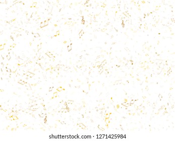 Musical notes, treble clef, flat and sharp symbols flying vector illustration. Notation melody record elements. Elecrtonic music studio background. Gold metallic melody sound notes icons.