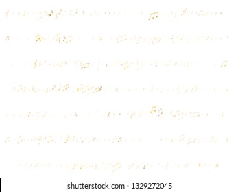 Musical notes, treble clef, flat and sharp symbols flying vector background. Notation melody record classic elements. Rock music studio background. Gold melody sound notes signs.