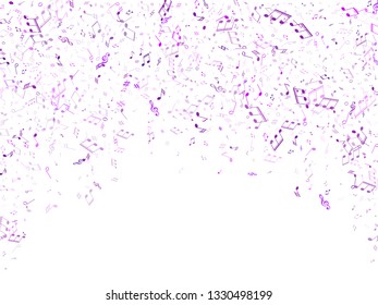 Musical notes, treble clef, flat and sharp symbols flying vector design. Notation melody record classic concept. Song festival background. Purple violet melody sound notes.