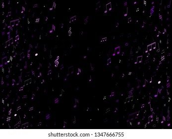 Musical notes, treble clef, flat and sharp symbols flying vector illustration. Notation melody record classic clip art. Bass guitar play background. Blue violet melody sound notes.