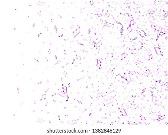 Musical notes, treble clef, flat and sharp symbols flying vector design. Notation melody record concept. Jazz music studio background. Blue violet melody sound notes signs.