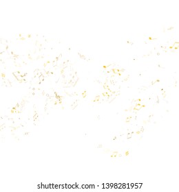 Musical notes, treble clef, flat and sharp symbols flying vector background. Notation melody record classic icons. Guitar instrument tune background. Gold metallic melody sound notes icons.