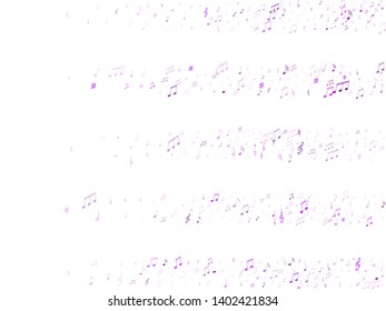 Musical notes, treble clef, flat and sharp symbols flying vector background. Notation melody record concept. Musician album background. Violet melody sound notation.
