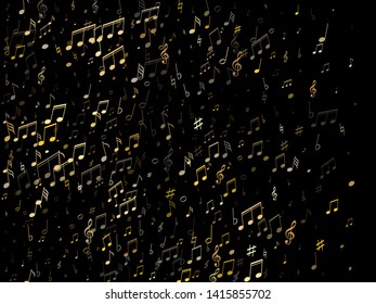 Musical notes, treble clef, flat and sharp symbols flying vector design. Notation melody record classic clip art. Futuristic music studio background. Gold melody sound notation.