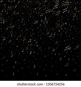 Musical notes, treble clef, flat and sharp symbols flying vector design. Notation melody record classic concept. Party banner background. Gold metallic melody sound notes signs.
