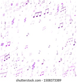 Musical notes, treble clef, flat and sharp symbols flying vector background. Notation melody record silhouettes. Musician album background. Ultra violet sound recording notes.