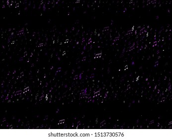 Musical notes, treble clef, flat and sharp symbols flying vector design. Notation melody record pictograms. Audio album background. Violet melody sound notation.