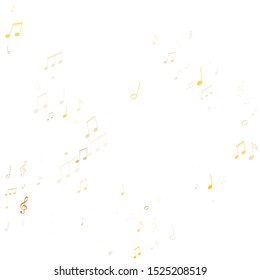 Musical notes, treble clef, flat and sharp symbols flying vector design. Notation melody record signs. Party banner background. Gold musical note.