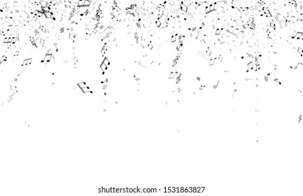 Musical notes, treble clef, flat and sharp symbols flying vector background. Notation melody record concept. Artistic music studio background. Grey scale musical note.