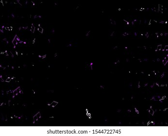 Musical notes, treble clef, flat and sharp symbols flying vector design. Notation melody record classic elements. Tune composition background. Violet melody sound notes signs.