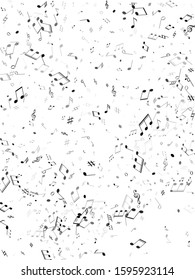 Musical notes, treble clef, flat and sharp symbols flying vector design. Notation melody record classic pictograms. Tune composition background. Gray scale melody sound notes signs.