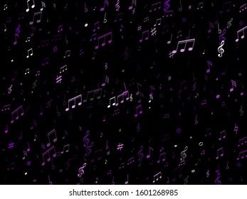 Musical notes, treble clef, flat and sharp symbols flying vector background. Notation melody record elements. Artistic music studio background. Purple violet melody sound notes.