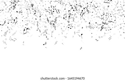 Musical notes, treble clef, flat and sharp symbols flying vector illustration. Notation melody record signs. Disco music studio background. Monochrome melody sound notes.