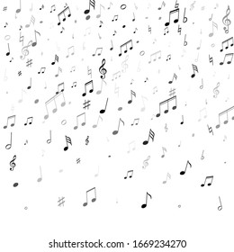 Musical notes, treble clef, flat and sharp symbols flying vector background. Notation melody record elements. Jazz music studio background. Grayscale melody sound notes icons.