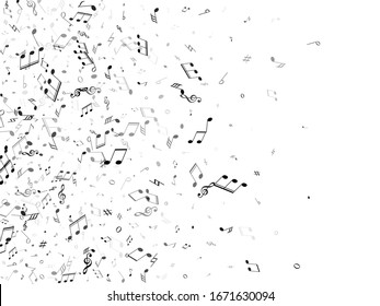 Musical notes, treble clef, flat and sharp symbols flying vector design. Notation melody record signs. Creative music studio background. Black melody sound notes.
