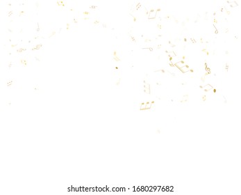 Musical notes, treble clef, flat and sharp symbols flying vector background. Notation melody record clip art. Tune composition background. Gold metallic musical notation.