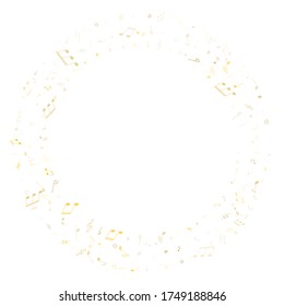 Musical notes, treble clef, flat and sharp symbols flying vector illustration. Notation melody record classic concept. Creative music studio background. Gold metallic sound recording notes.