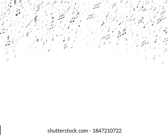 Musical notes, treble clef, flat and sharp symbols flying vector design. Notation melody record pictograms. Cartoon music studio background. Greyscale musical note.