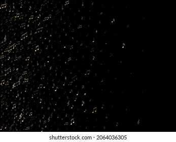 Musical notes, treble clef, flat and sharp symbols flying vector design. Notation melody record icons. Tune composition background. Gold melody sound notes signs.