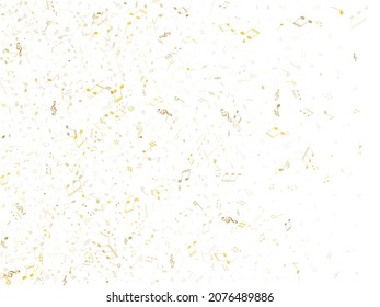 Musical notes, treble clef, flat and sharp symbols flying vector background. Notation melody record concept. Artistic music studio background. Gold metallic melody sound notation.