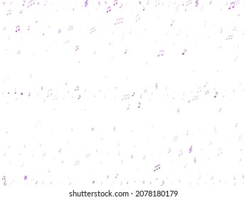 Musical notes, treble clef, flat and sharp symbols flying vector background. Notation melody record silhouettes. Bass guitar play background. Violet melody sound notes.