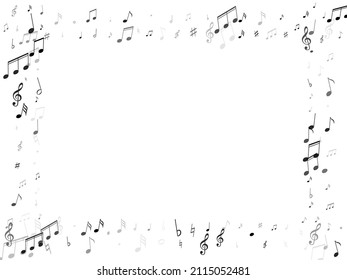 Musical notes, treble clef, flat and sharp symbols flying vector design. Notation melody record signs. Song festival background. Grey scale musical notation.