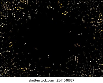 Musical notes, treble clef, flat and sharp symbols flying vector background. Notation melody record signs. Tune symphony background. Gold metallic melody sound notes signs.