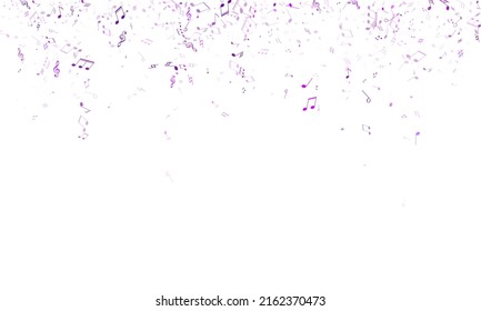 Musical Notes, Treble Clef, Flat And Sharp Symbols Flying Vector Background. Notation Melody Record Icons. DJ Instrument Tune Background. Violet Sound Recording Notes.